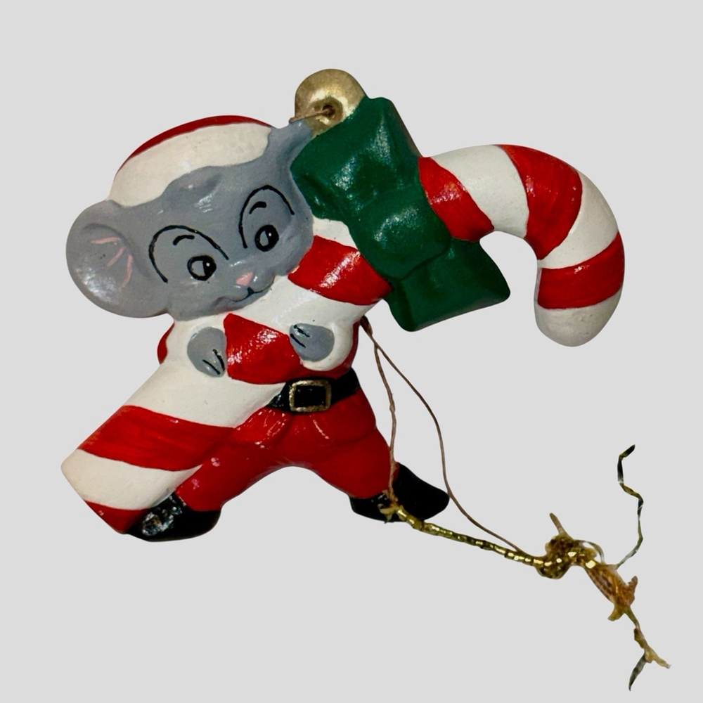 Vtg Ceramic Christmas Mouse Carrying Large Candy Cane Ornament 3.5"x2.5"β Signed